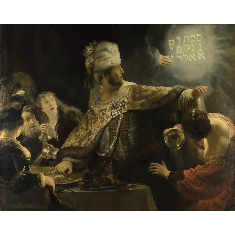 Rembrandt's depiction of the biblical account of Belshazzar seeing "the writing on the wall"