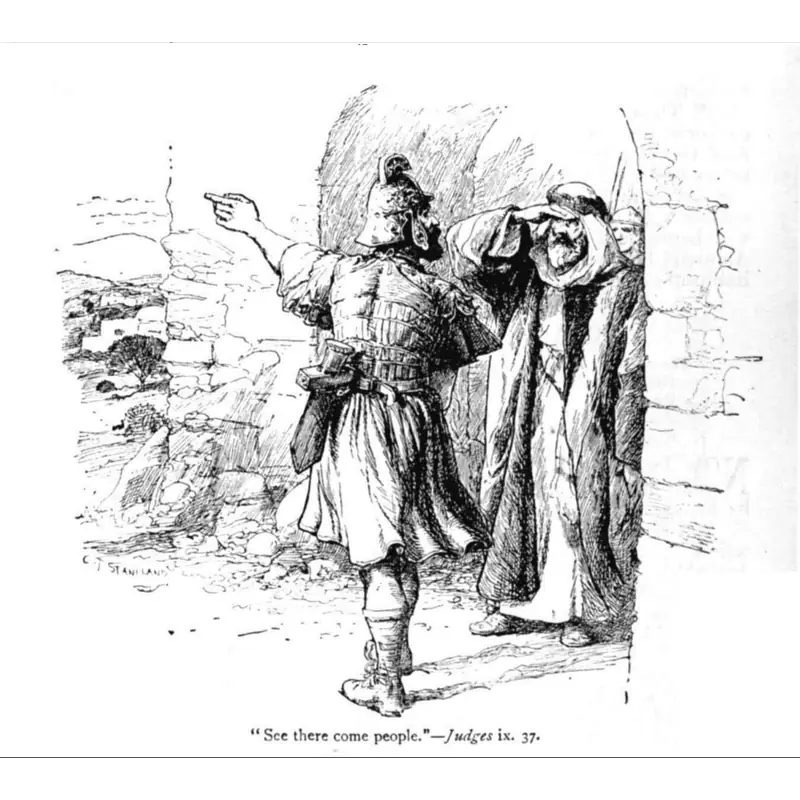 Gaal (left) points out to Zebul the approach of Abimelech's army.