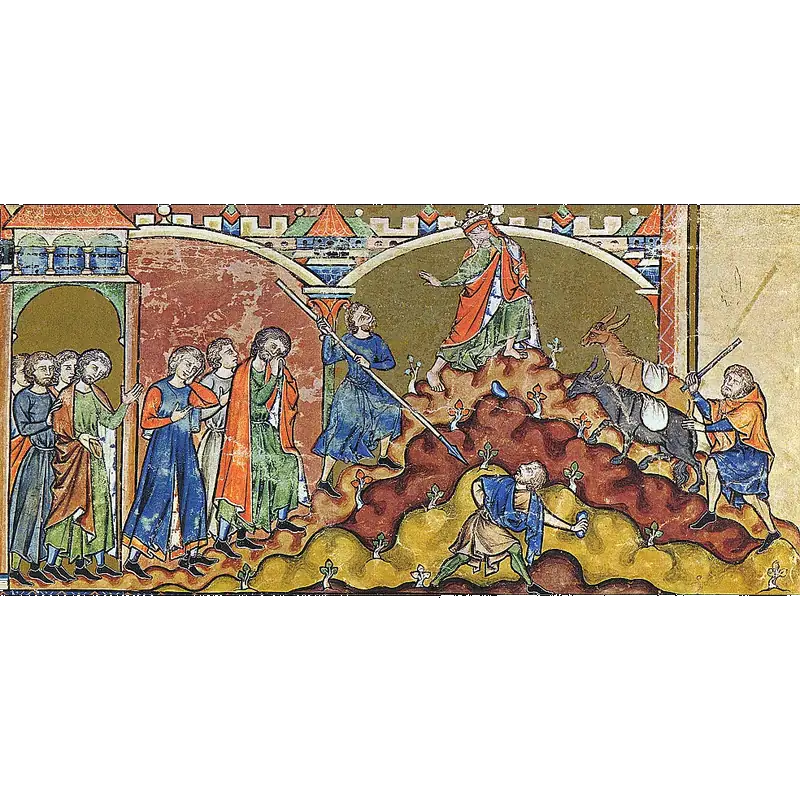 Illustration from the Morgan Bible of David fleeing Jerusalem. Ziba is on the right, bringing David provisions.