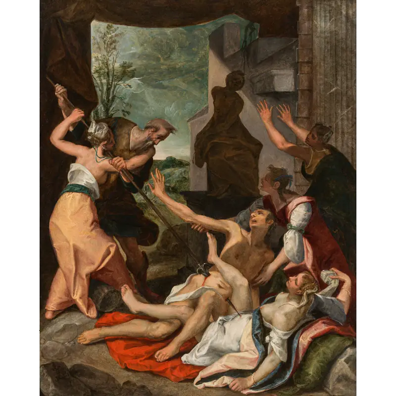 Painting by Jeremias van Winghe of Phinehas slaying Zimri and Kozbi